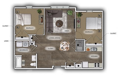 Floor plan for 2 beds, 1 bath, 1044 sqft